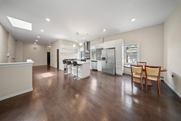 Dining room, Interior, Kitchen, Pendant Lights, Recessed Lighting, Stainless Steel Appliances, Wood Texture Flooring