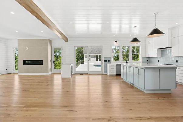 Fireplace, Interior, Kitchen, Pendant Lights, Recessed Lighting, Wooden Beams, Wood Texture Flooring