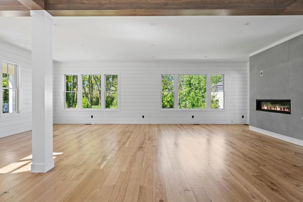 Empty room, Fireplace, Interior, Recessed Lighting, Wood Texture Flooring