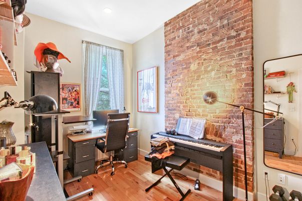Home Office, Interior, Recessed Lighting, Stone Walls, Wood Texture Flooring