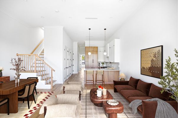 Dining room, Interior, Living room, Pendant Lights, Recessed Lighting, Wood Texture Flooring
