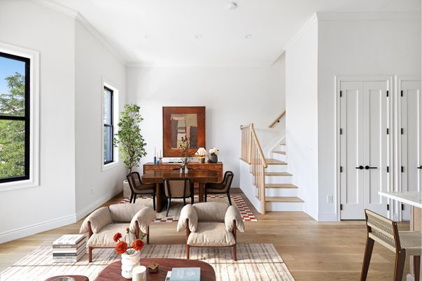 Dining room, Interior, Living room, Recessed Lighting, Wood Texture Flooring
