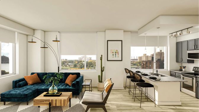 Interior, Kitchen, Living room, Pendant Lights, Wood Texture Flooring