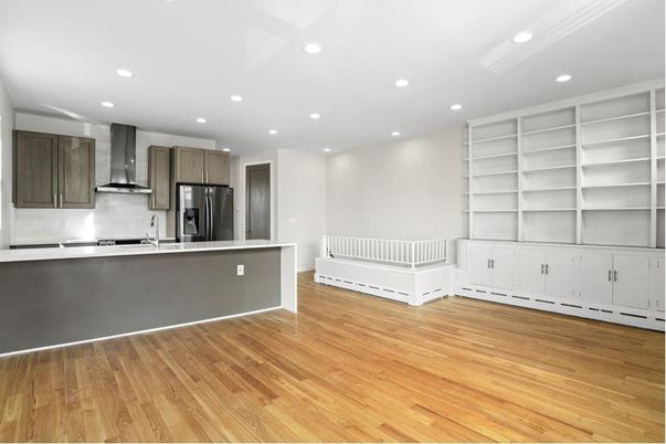 Interior, Kitchen, Recessed Lighting, Stainless Steel Appliances, Wood Texture Flooring