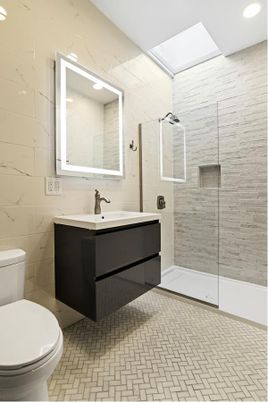 Bathroom, Glass Shower, Interior, Marble Walls, Recessed Lighting