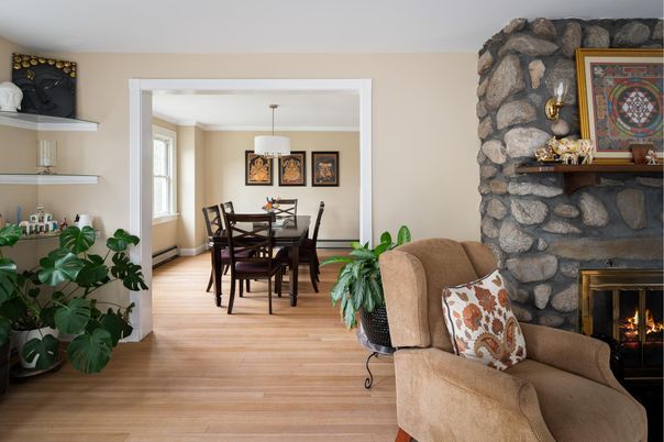 Dining room, Fireplace, Interior, Living room, Pendant Lights, Wood Texture Flooring