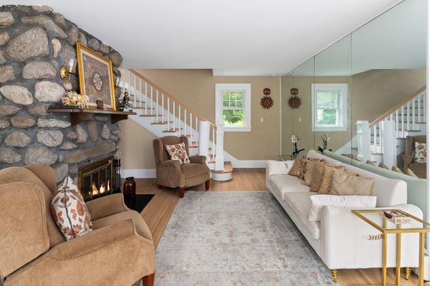 Fireplace, Interior, Living room, Stone Walls, Wood Texture Flooring