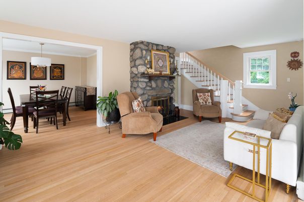 Dining room, Fireplace, Interior, Living room, Pendant Lights, Stone Walls, Wood Texture Flooring