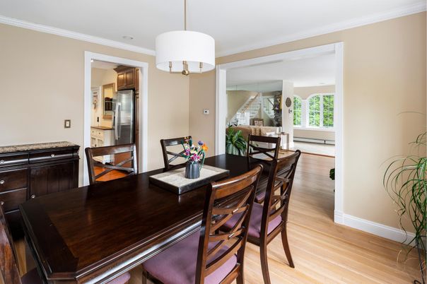Dining room, Interior, Kitchen, Pendant Lights, Stainless Steel Appliances, Wood Texture Flooring