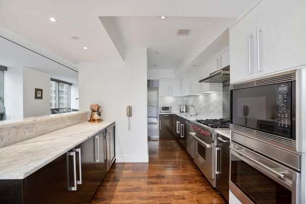 Interior, Kitchen, Recessed Lighting, Stainless Steel Appliances, Wood Texture Flooring