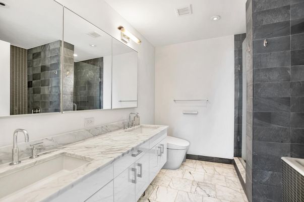 Bathroom, Dual Sink Vanities, Glass Shower, Interior, Marble, Recessed Lighting