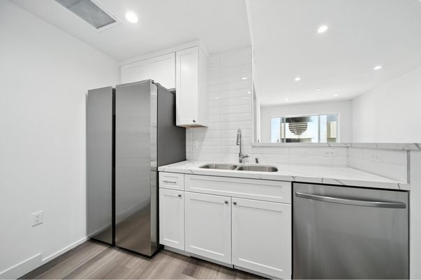 Interior, Kitchen, Recessed Lighting, Stainless Steel Appliances, Wood Texture Flooring