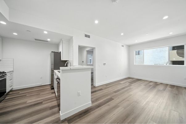 Interior, Kitchen, Recessed Lighting, Stainless Steel Appliances, Wood Texture Flooring
