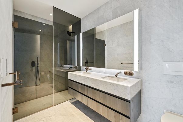 Bathroom, Dual Sink Vanities, Glass Shower, Interior, Recessed Lighting