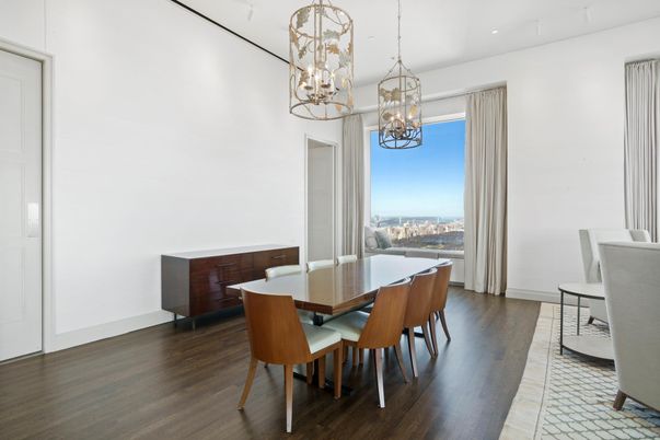 Chandelier, Dining room, Interior, Recessed Lighting, Wood Texture Flooring
