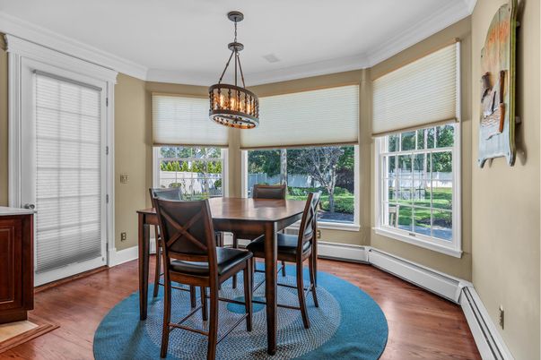 Dining room, Interior, Pendant Lights, Wood Texture Flooring