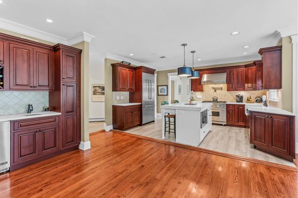 Interior, Kitchen, Pendant Lights, Recessed Lighting, Stainless Steel Appliances, Wood Texture Flooring