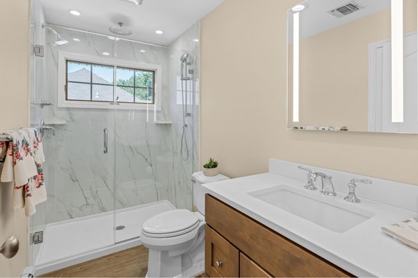 Bathroom, Glass Shower, Interior, Marble Walls, Recessed Lighting, Wood Texture Flooring