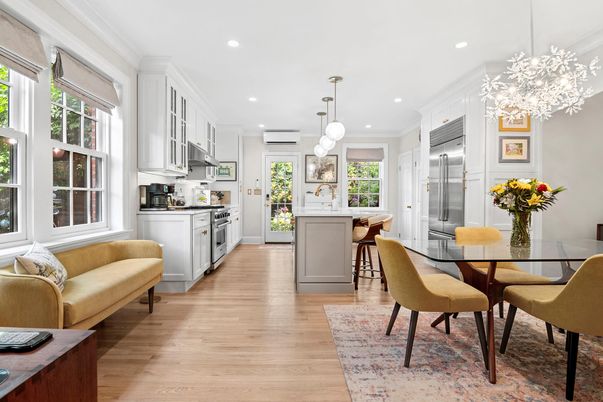 Dining room, Interior, Kitchen, Pendant Lights, Recessed Lighting, Stainless Steel Appliances, Wood Texture Flooring