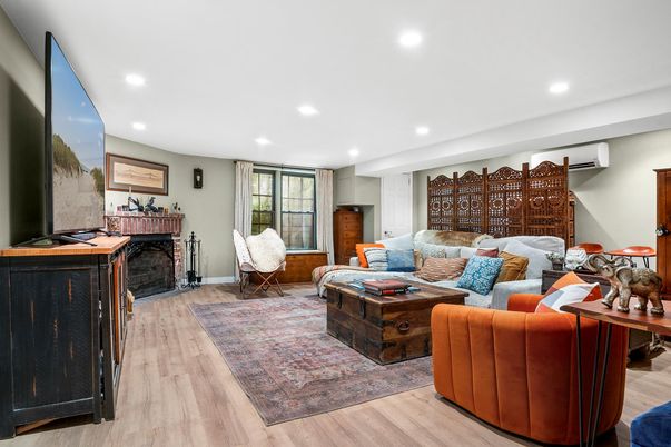Fireplace, Interior, Living room, Recessed Lighting, Wood Texture Flooring