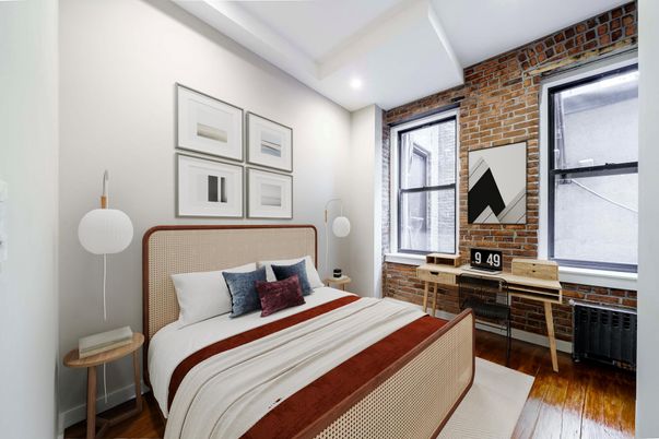 Bedroom, Interior, Recessed Lighting, Stone Walls, Wood Texture Flooring