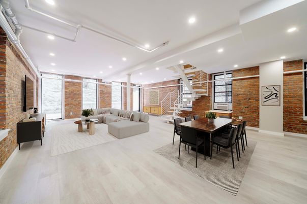 Dining room, Interior, Living room, Recessed Lighting, Stone Walls, Wood Texture Flooring