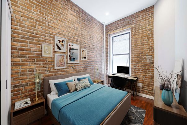 Bedroom, Interior, Stone Walls, Wood Texture Flooring