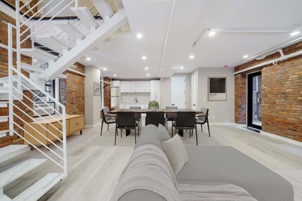 Dining room, Interior, Kitchen, Recessed Lighting, Stone Walls, Wood Texture Flooring