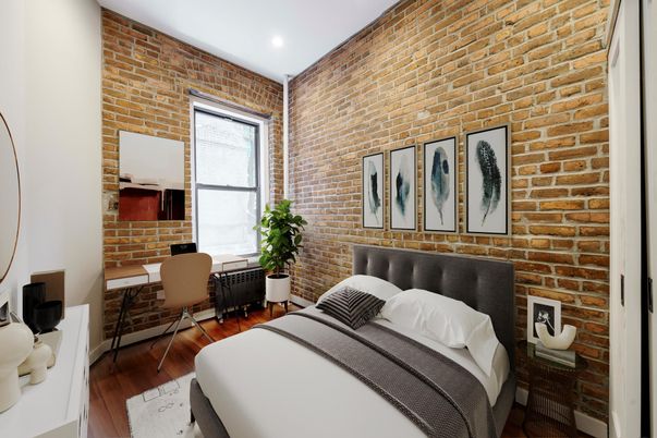 Bedroom, Home Office, Interior, Recessed Lighting, Stone Walls, Wood Texture Flooring