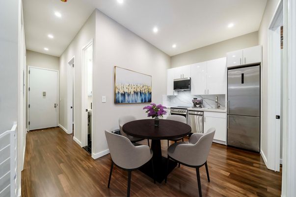 Dining room, Interior, Kitchen, Recessed Lighting, Stainless Steel Appliances, Wood Texture Flooring