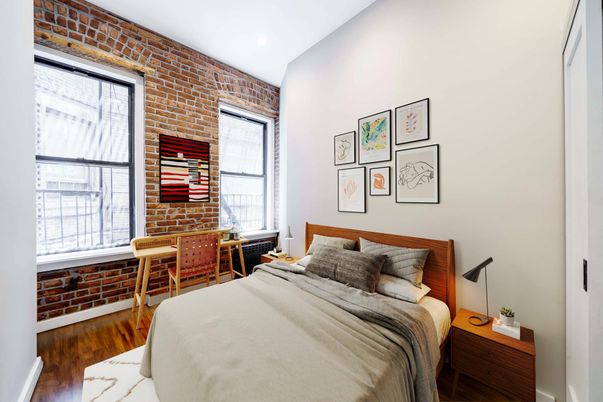 Bedroom, Interior, Stone Walls, Wood Texture Flooring