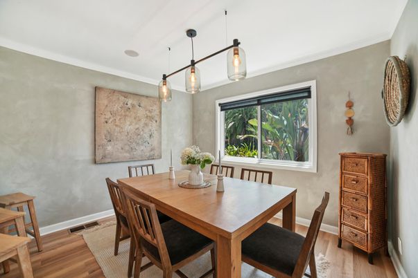 Dining room, Interior, Pendant Lights, Wood Texture Flooring