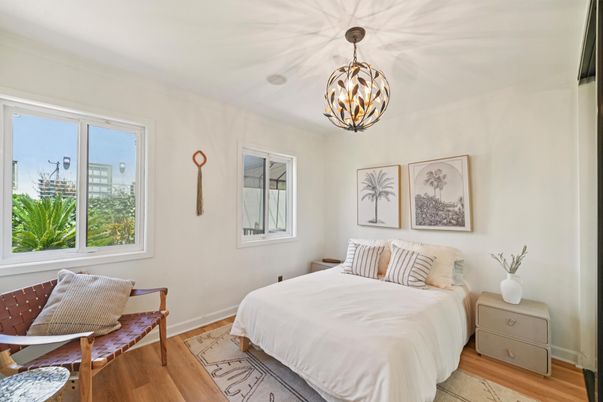 Bedroom, Chandelier, Interior, Pendant Lights, Wood Texture Flooring