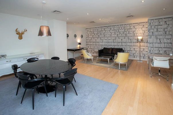 Dining room, Interior, Pendant Lights, Recessed Lighting, Stone Walls, Wood Texture Flooring