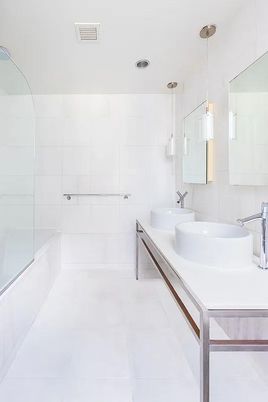 Bathroom, Dual Sink Vanities, Glass Shower, Interior, Pendant Lights