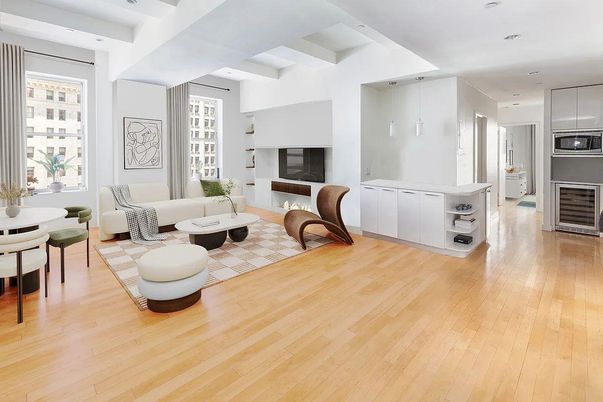 Dining room, Fireplace, Interior, Kitchen, Living room, Recessed Lighting, Wood Texture Flooring