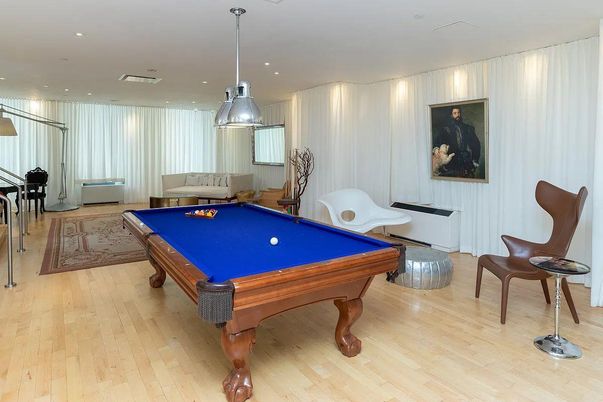 Billiard Table, Game Room, Interior, Pendant Lights, Recessed Lighting, Wood Texture Flooring