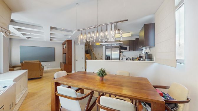 Dining room, Interior, Kitchen, Pendant Lights, Recessed Lighting, Stainless Steel Appliances, Wood Texture Flooring