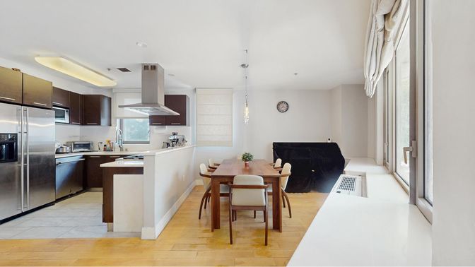 Dining room, Interior, Kitchen, Pendant Lights, Stainless Steel Appliances, Wood Texture Flooring