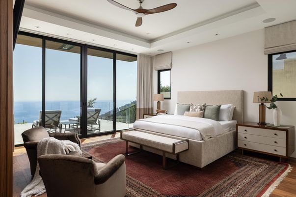 Bedroom, Interior, Recessed Lighting, Water, Wood Texture Flooring