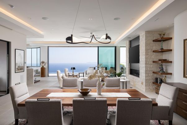 Dining room, Fireplace, Interior, Living room, Pendant Lights, Recessed Lighting, Stone Walls, Water