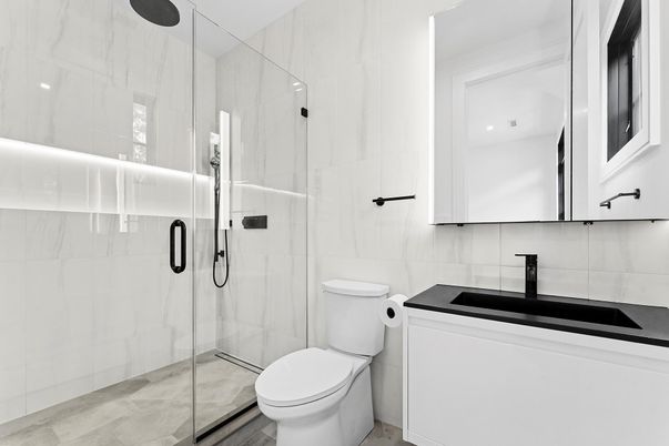 Bathroom, Glass Shower, Interior, Marble Walls, Recessed Lighting