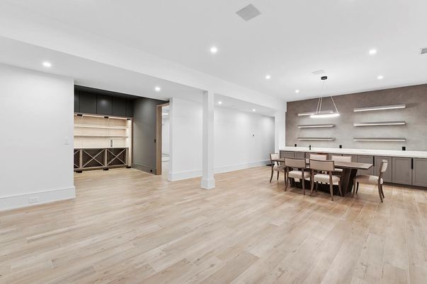 Dining room, Interior, Pendant Lights, Recessed Lighting, Wood Texture Flooring