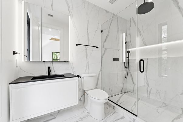 Bathroom, Glass Shower, Interior, Marble, Marble Walls, Recessed Lighting