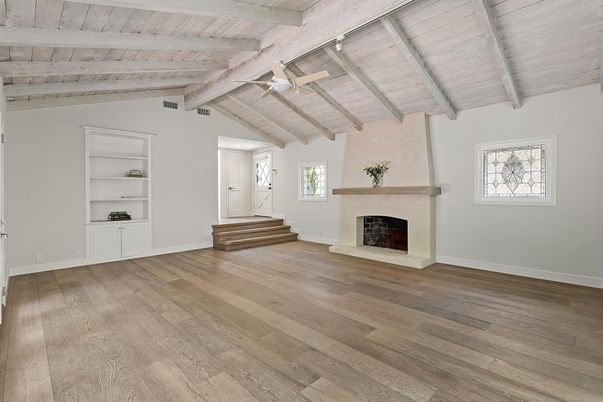 Empty room, Fireplace, Interior, Wooden Beams, Wooden Ceilings, Wood Texture Flooring