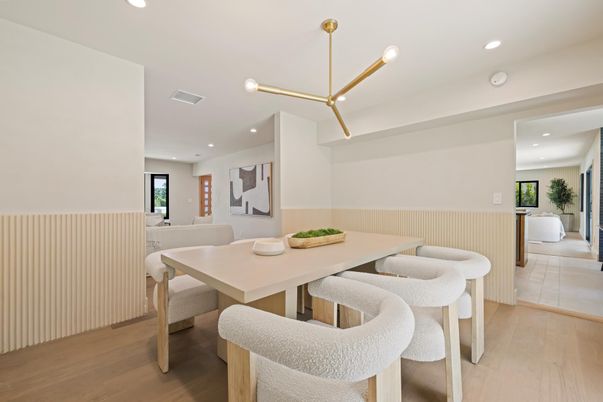 Dining room, Interior, Pendant Lights, Recessed Lighting, Wood Texture Flooring