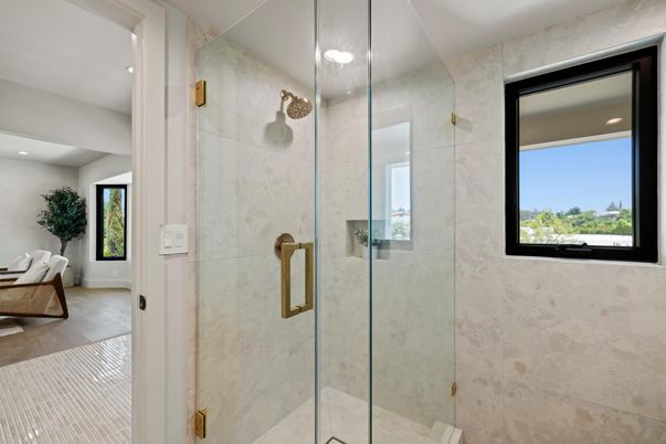 Bathroom, Glass Shower, Interior, Marble Walls, Recessed Lighting