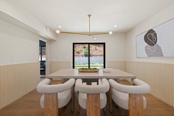Dining room, Interior, Pendant Lights, Recessed Lighting, Wood Texture Flooring