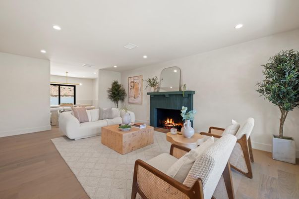 Fireplace, Interior, Living room, Pendant Lights, Recessed Lighting, Wood Texture Flooring