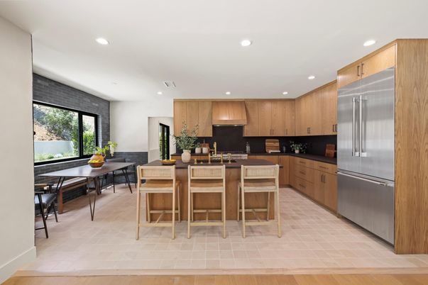 Dining room, Interior, Kitchen, Recessed Lighting, Stainless Steel Appliances, Wood Texture Flooring